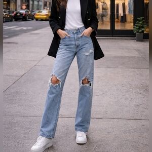 AGOLDE 90's Jean High Rise Distressed Straight Leg Jeans Light Wash Denim